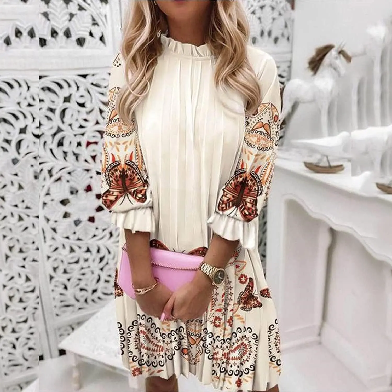 Casual Chiffon Mini Breathable Dresses Soft Women - Flower Long Sleeve Crew Neck Loose Ruffle Dress