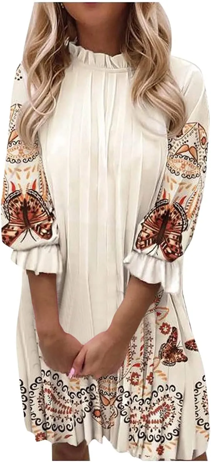 Casual Chiffon Mini Breathable Dresses Soft Women - Flower Long Sleeve Crew Neck Loose Ruffle Dress