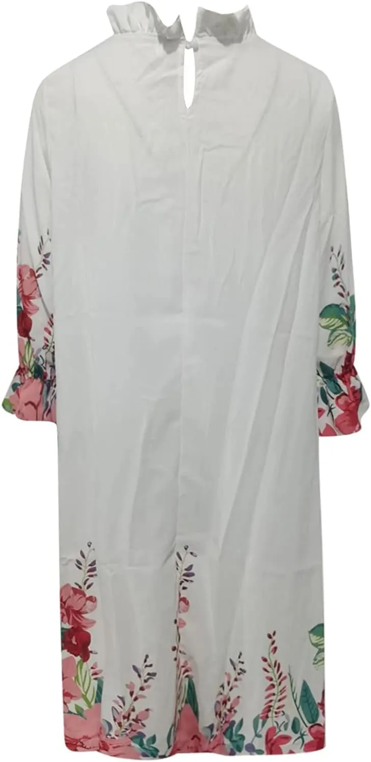 Casual Chiffon Mini Breathable Dresses Soft Women - Flower Long Sleeve Crew Neck Loose Ruffle Dress