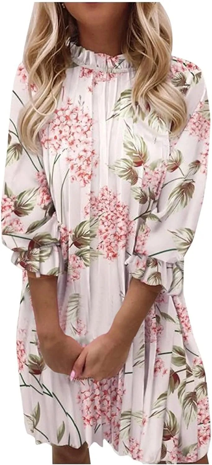 Casual Chiffon Mini Breathable Dresses Soft Women - Flower Long Sleeve Crew Neck Loose Ruffle Dress