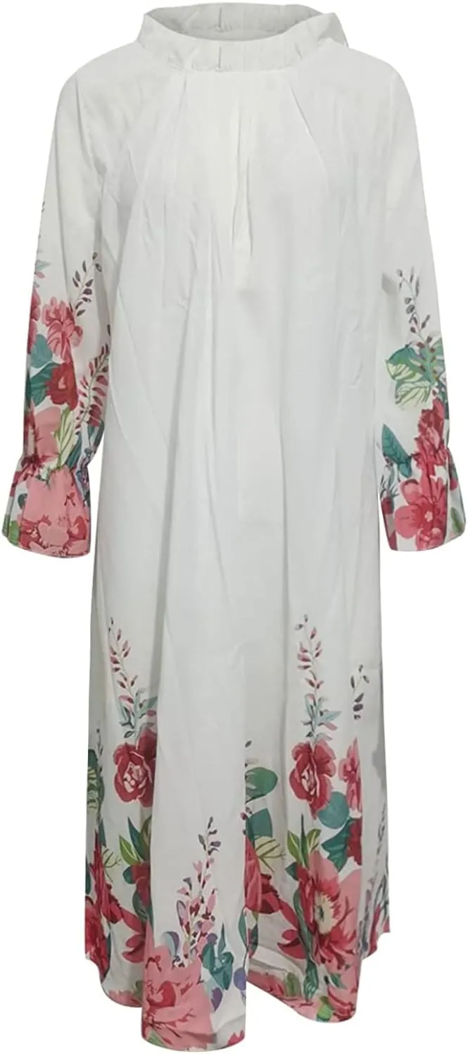 Casual Chiffon Mini Breathable Dresses Soft Women - Flower Long Sleeve Crew Neck Loose Ruffle Dress