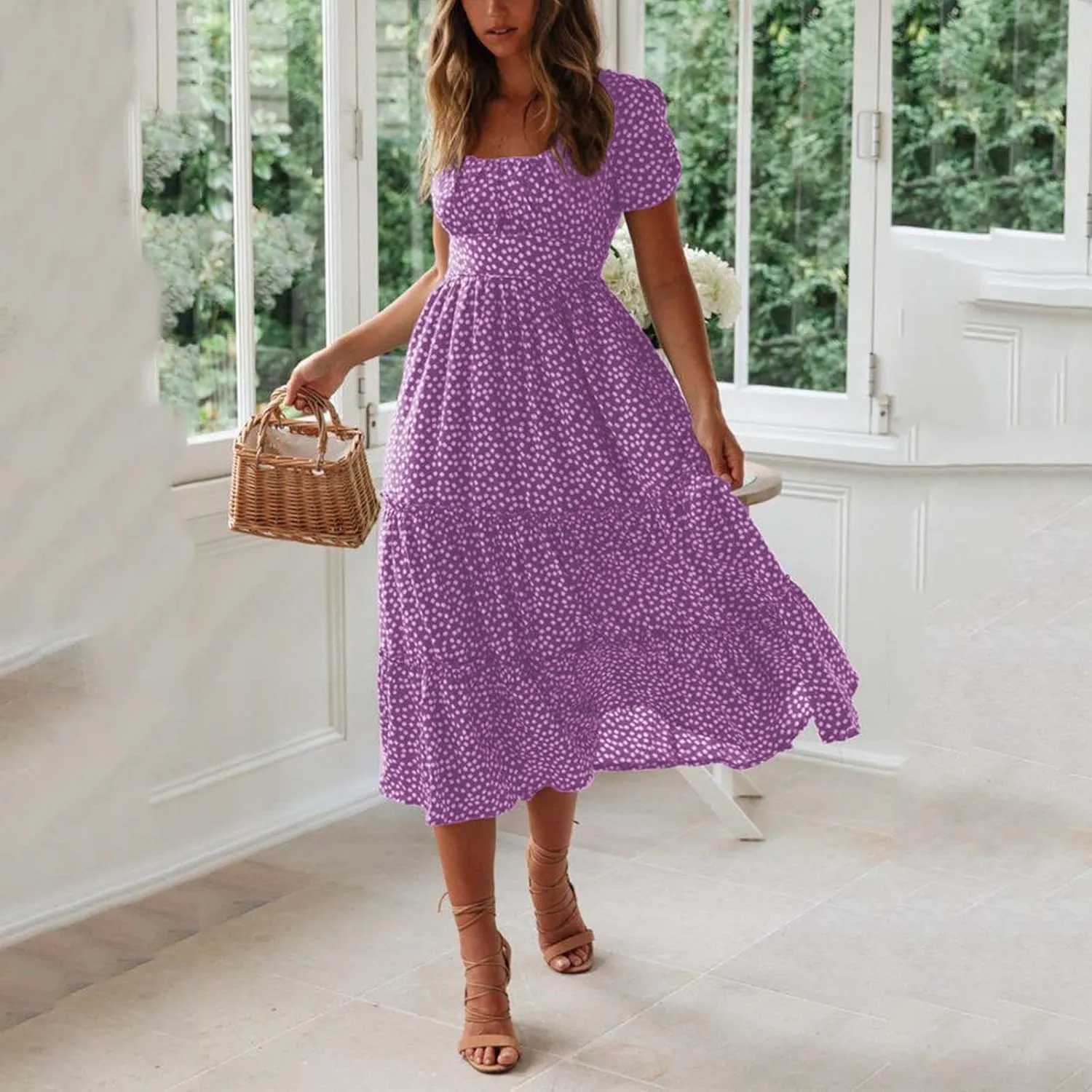 Casual Dress for Women Dot Print Square Neck Summer Beach Sundress Short Sleeve High Waist Tiered Soft A Line Dresses
