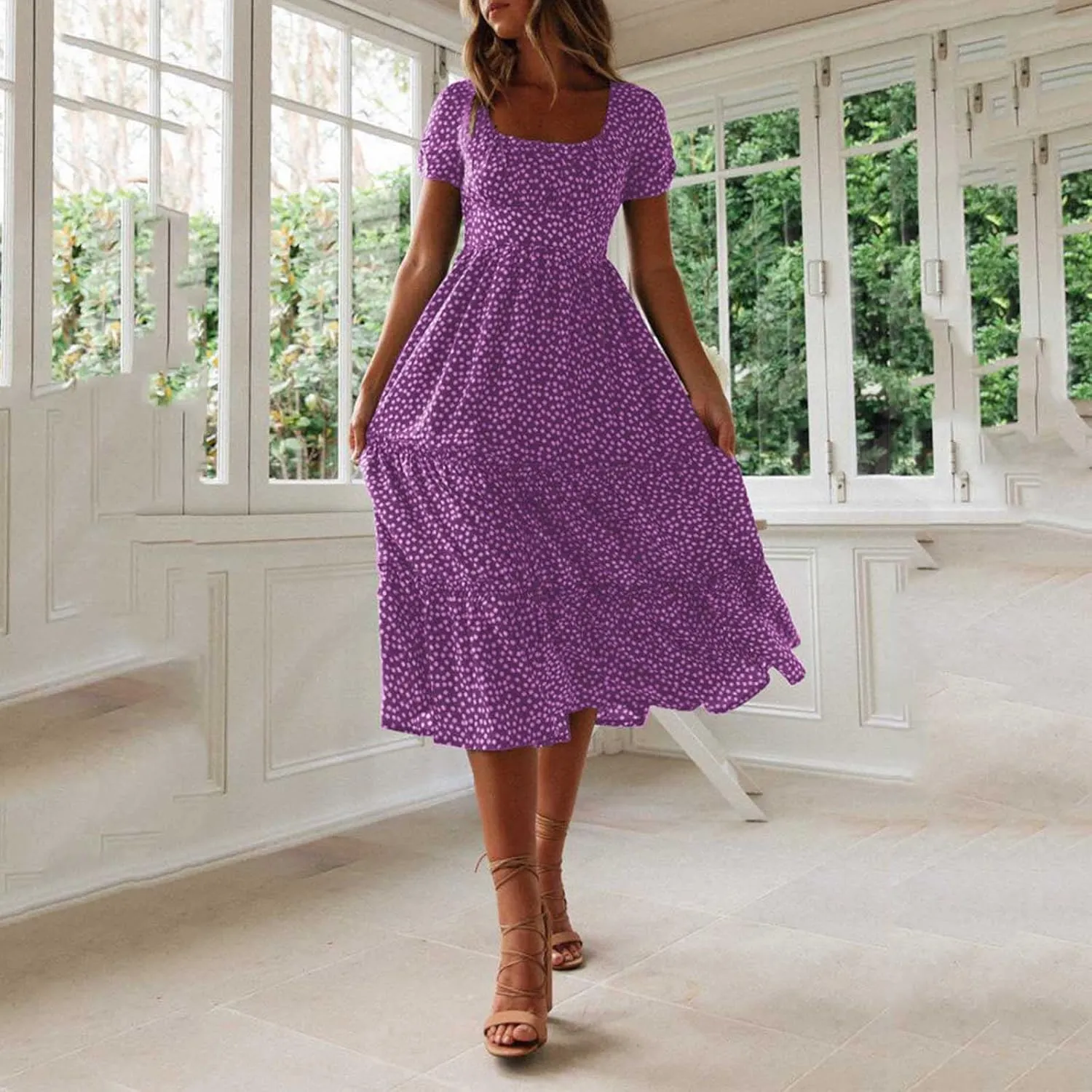 Casual Dress for Women Dot Print Square Neck Summer Beach Sundress Short Sleeve High Waist Tiered Soft A Line Dresses