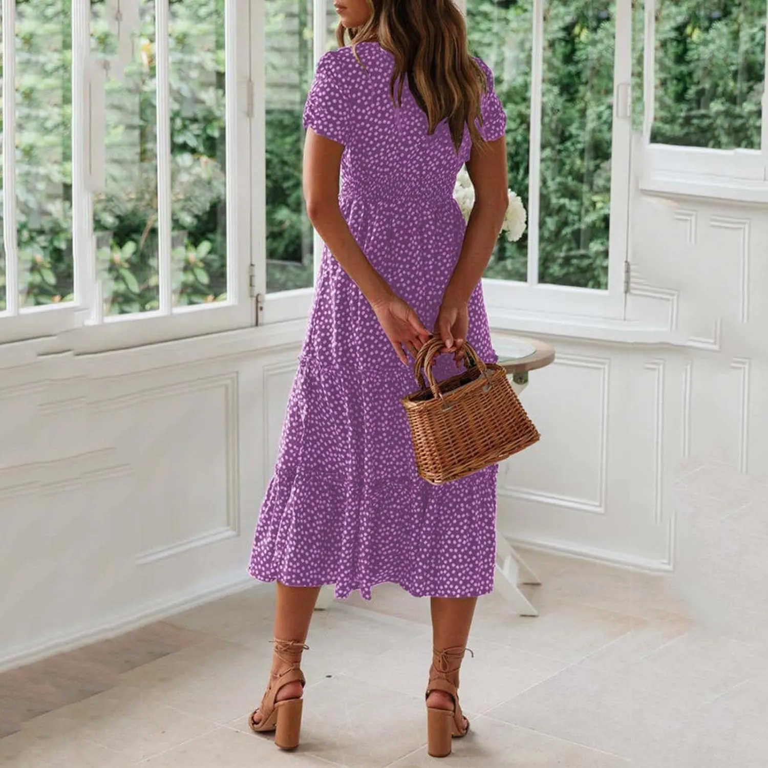 Casual Dress for Women Dot Print Square Neck Summer Beach Sundress Short Sleeve High Waist Tiered Soft A Line Dresses