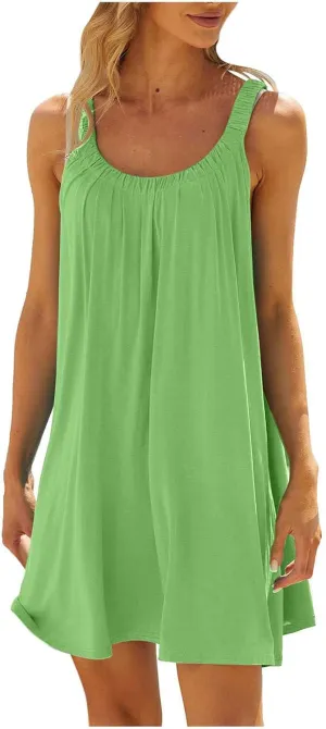 Casual Dresses for Women Basic Summer Beach Coverup Sun Dresses Soft Sleeveless Crewneck Hawaiian Mini Sun Dresses