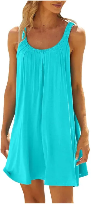 Casual Dresses for Women Basic Summer Beach Coverup Sun Dresses Soft Sleeveless Crewneck Hawaiian Mini Sun Dresses