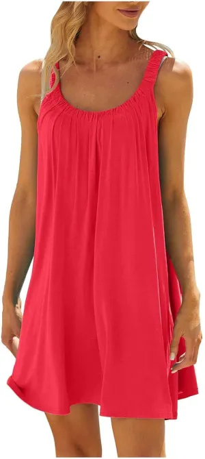 Casual Dresses for Women Basic Summer Beach Coverup Sun Dresses Soft Sleeveless Crewneck Hawaiian Mini Sun Dresses