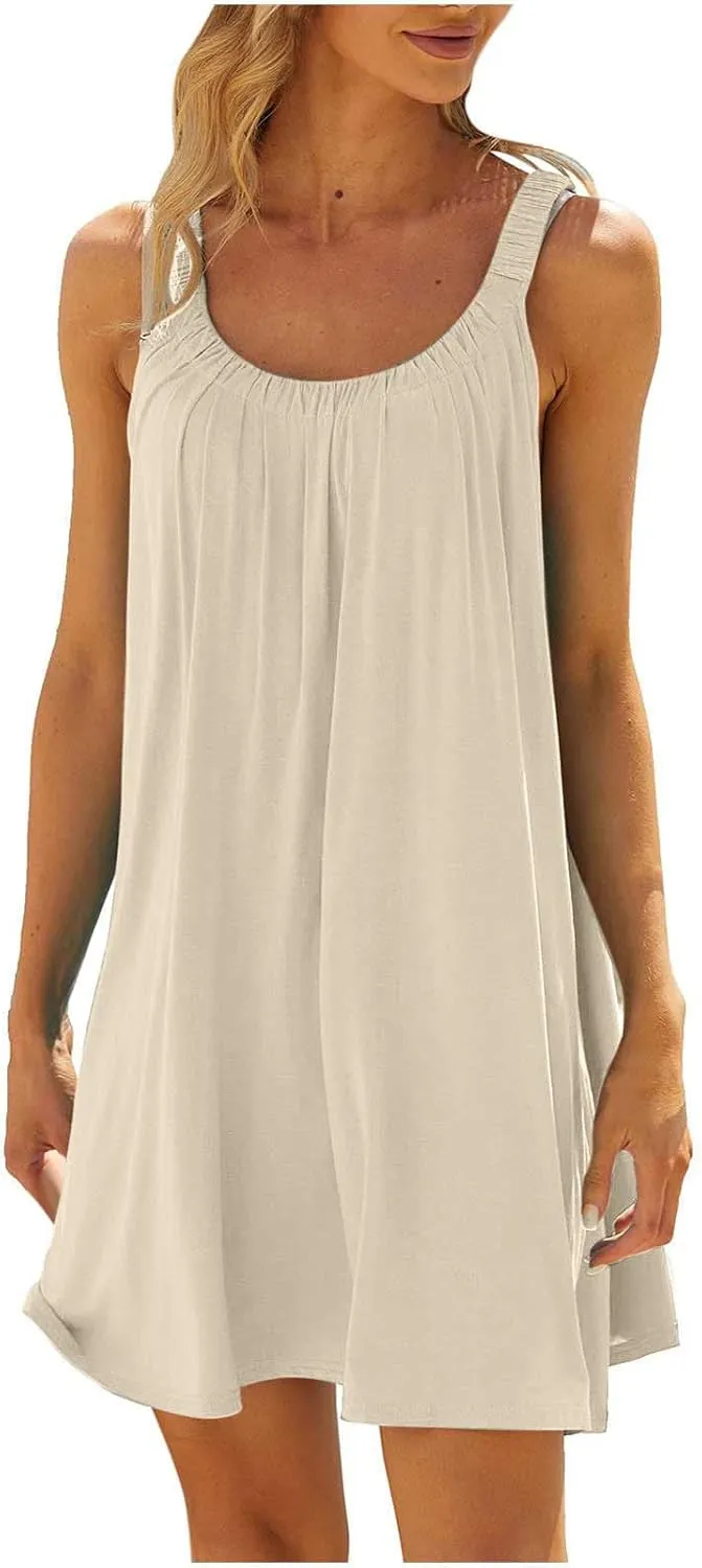 Casual Dresses for Women Basic Summer Beach Coverup Sun Dresses Soft Sleeveless Crewneck Hawaiian Mini Sun Dresses