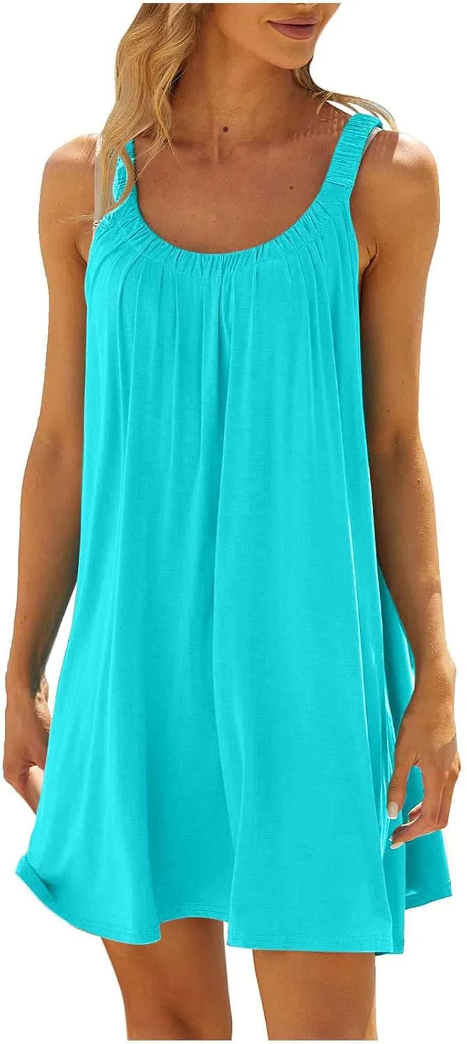 Casual Dresses for Women Basic Summer Beach Coverup Sun Dresses Soft Sleeveless Crewneck Hawaiian Mini Sun Dresses