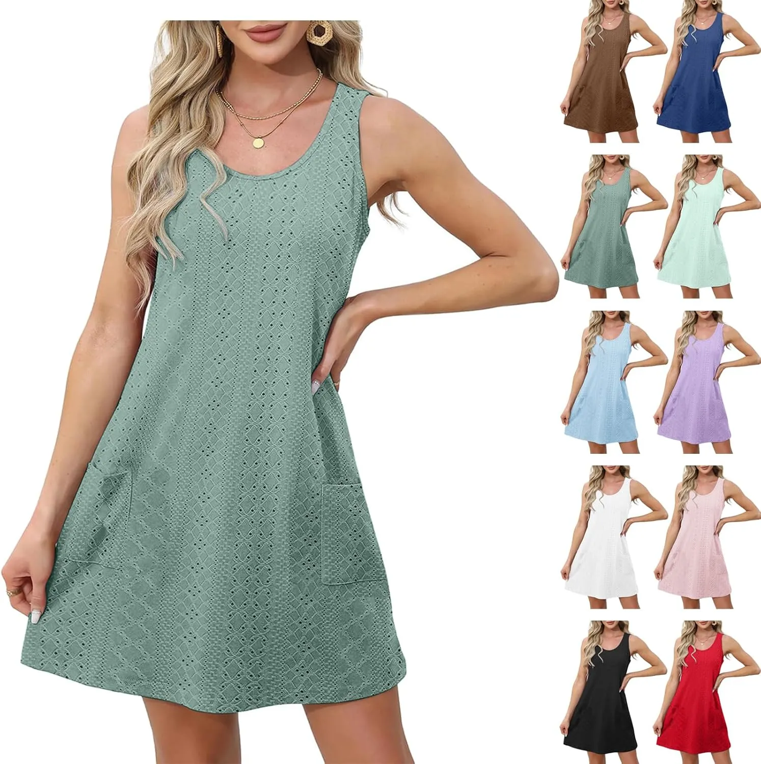 Casual Eyelet Dresses for Women Sleeveless Flowy Tank Dress with Pocket Summer Beach Sundress Vacation Outfits 2025