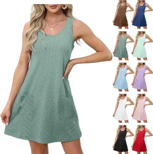 Casual Eyelet Dresses for Women Sleeveless Flowy Tank Dress with Pocket Summer Beach Sundress Vacation Outfits 2025