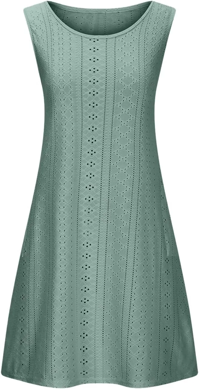 Casual Eyelet Dresses for Women Sleeveless Flowy Tank Dress with Pocket Summer Beach Sundress Vacation Outfits 2025