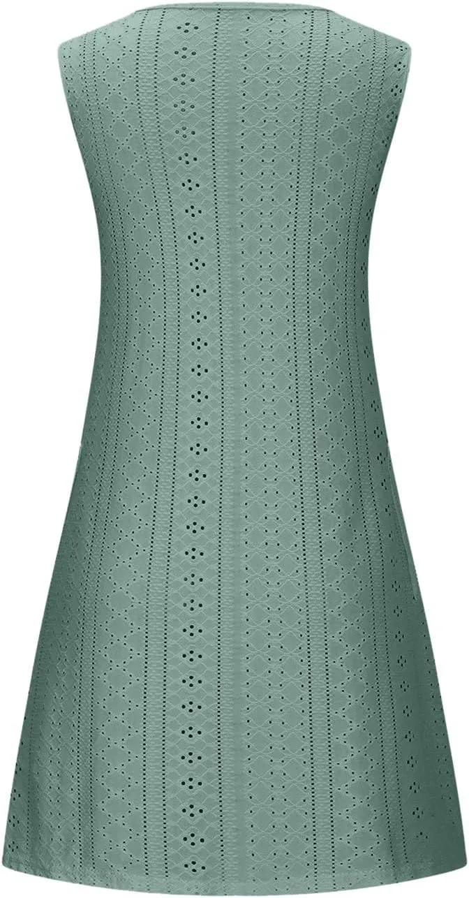Casual Eyelet Dresses for Women Sleeveless Flowy Tank Dress with Pocket Summer Beach Sundress Vacation Outfits 2025