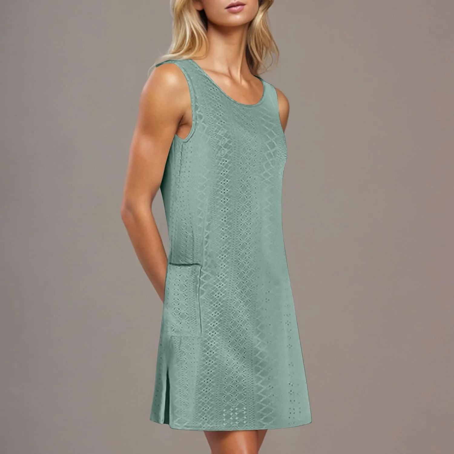 Casual Eyelet Dresses for Women Sleeveless Flowy Tank Dress with Pocket Summer Beach Sundress Vacation Outfits 2025