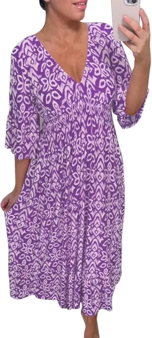 Casual Printed V Neck Dress for Women Short Sleeve Floral Elastic Waist Wrap Boho Dress
