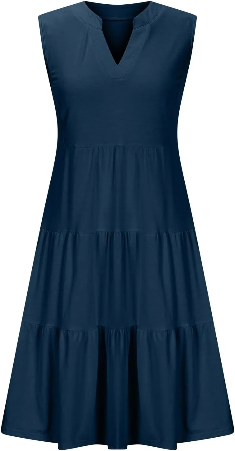 Casual Summer Dresses for Women 2025 Beach Vacation Mini Dresses with Pockets Sleeveless V Neck Ruffle Dresses