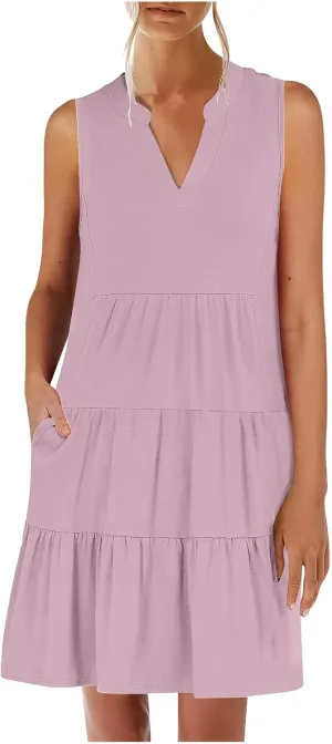 Casual Summer Dresses for Women 2025 Beach Vacation Mini Dresses with Pockets Sleeveless V Neck Ruffle Dresses