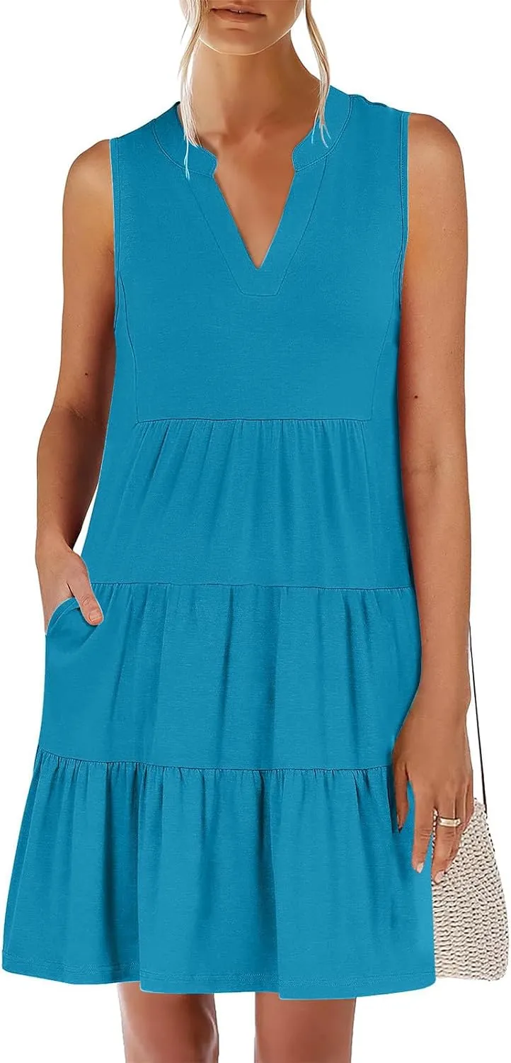 Casual Summer Dresses for Women 2025 Beach Vacation Mini Dresses with Pockets Sleeveless V Neck Ruffle Dresses