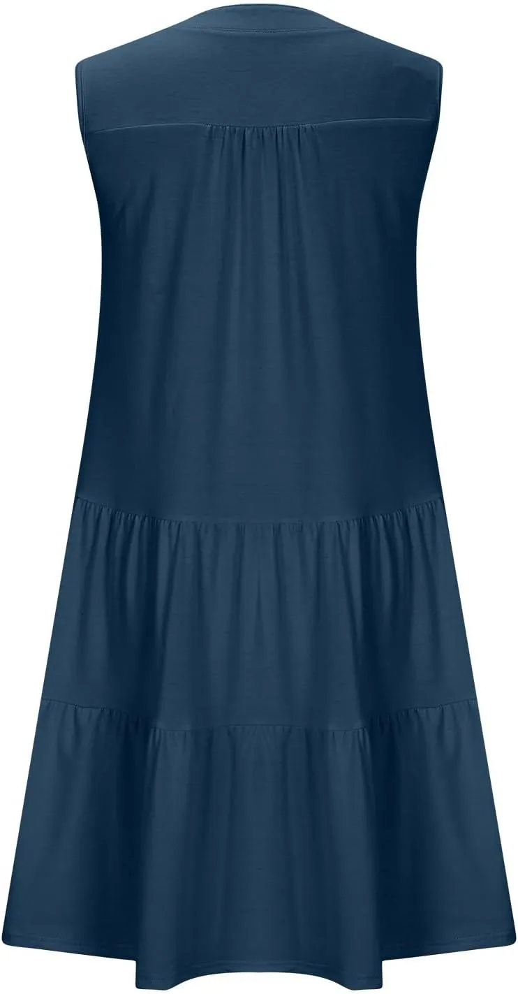 Casual Summer Dresses for Women 2025 Beach Vacation Mini Dresses with Pockets Sleeveless V Neck Ruffle Dresses