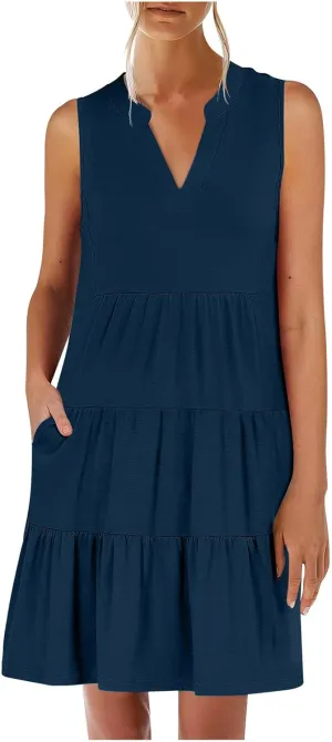 Casual Summer Dresses for Women 2025 Beach Vacation Mini Dresses with Pockets Sleeveless V Neck Ruffle Dresses