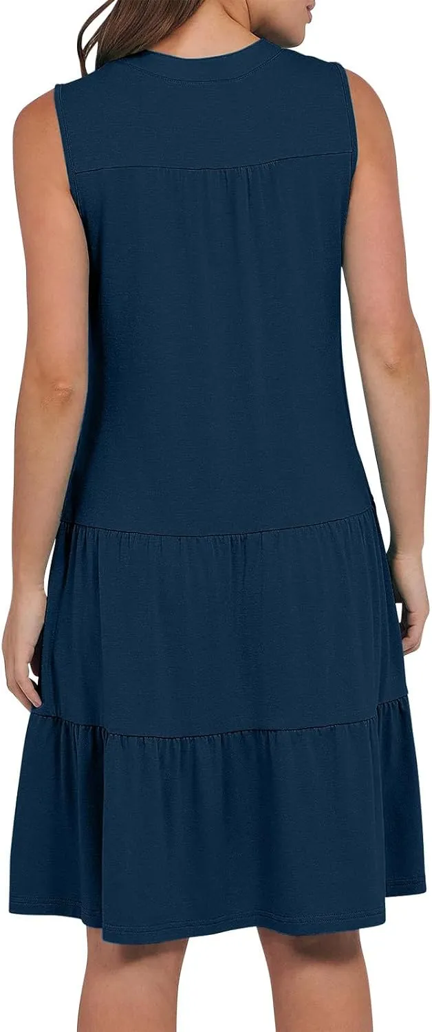 Casual Summer Dresses for Women 2025 Beach Vacation Mini Dresses with Pockets Sleeveless V Neck Ruffle Dresses