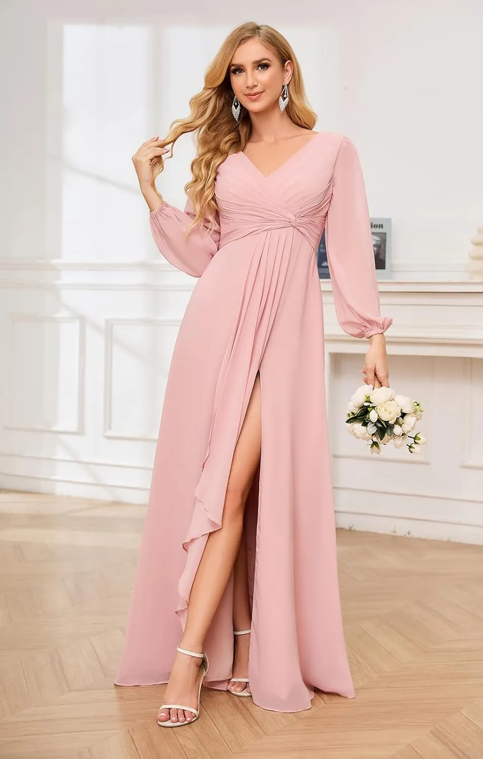 Chiffon Bridesmaid Dresses for Women 2025 V Neck A-Line Pleated Evening Party Maxi Gown with Slit