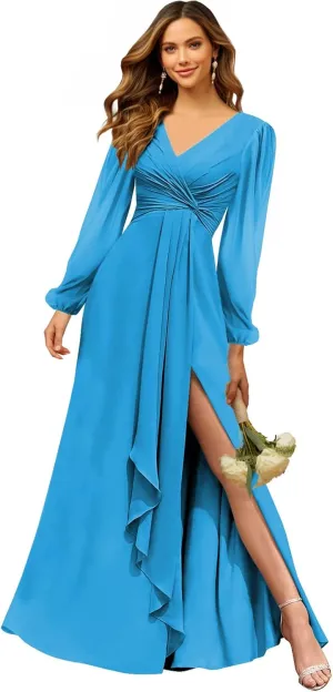 Chiffon Bridesmaid Dresses for Women 2025 V Neck A-Line Pleated Evening Party Maxi Gown with Slit
