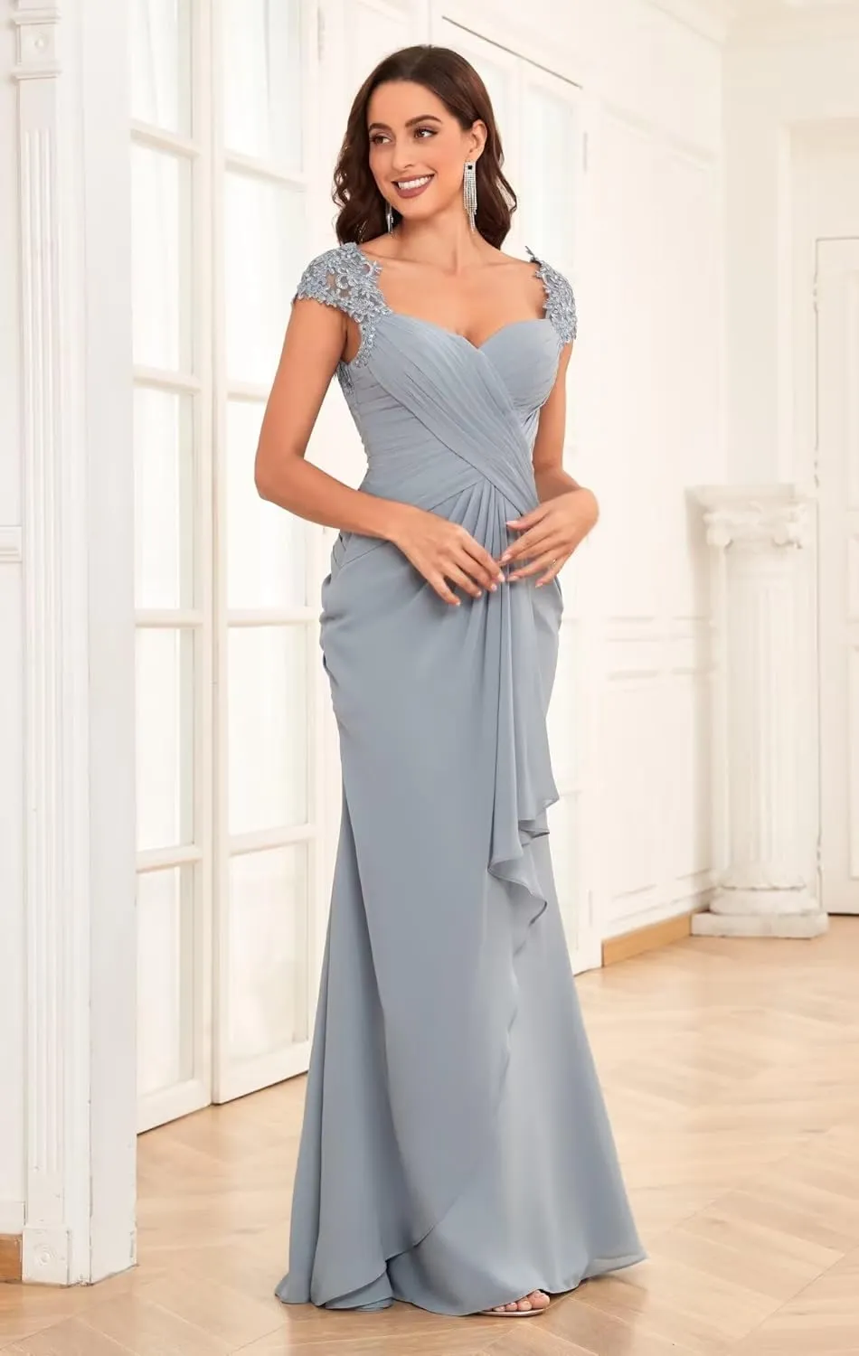 Chiffon Mermaid Mother of The Bride Dresses for Wedding Long Lace Pleated Ruffle Formal Evening Dress