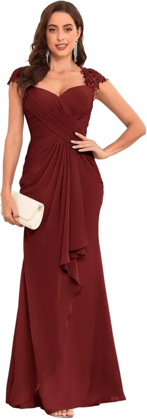 Chiffon Mermaid Mother of The Bride Dresses for Wedding Long Lace Pleated Ruffle Formal Evening Dress