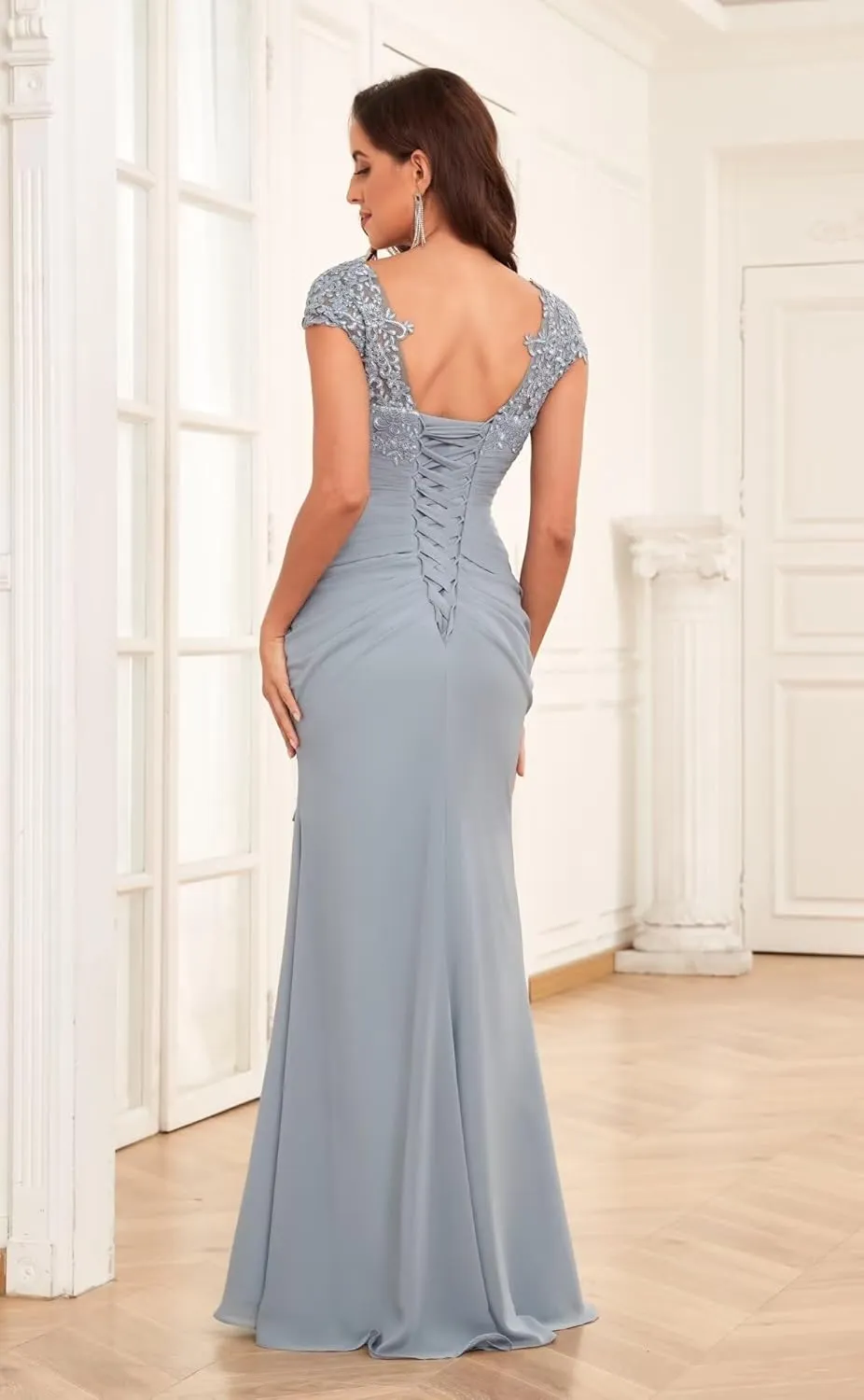 Chiffon Mermaid Mother of The Bride Dresses for Wedding Long Lace Pleated Ruffle Formal Evening Dress