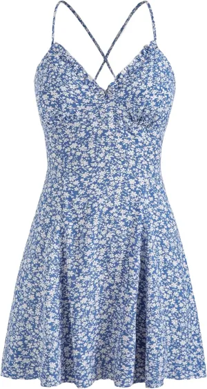 CIDER Womens Mini Dress Backless Floral V Neck Tie Back Summer Beach Vacation Sundress Going Out Dresses