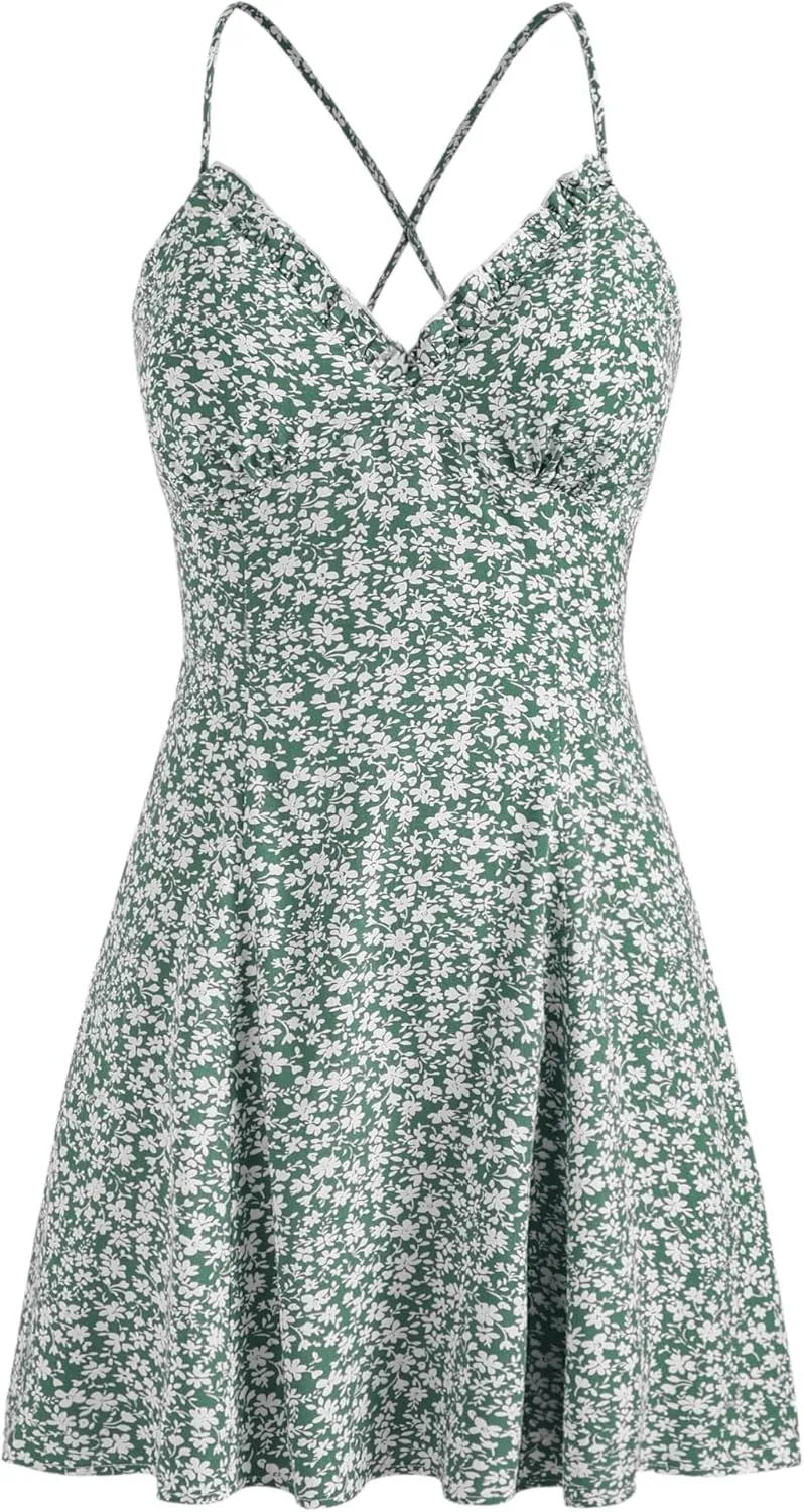 CIDER Womens Mini Dress Backless Floral V Neck Tie Back Summer Beach Vacation Sundress Going Out Dresses