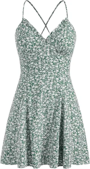 CIDER Womens Mini Dress Backless Floral V Neck Tie Back Summer Beach Vacation Sundress Going Out Dresses