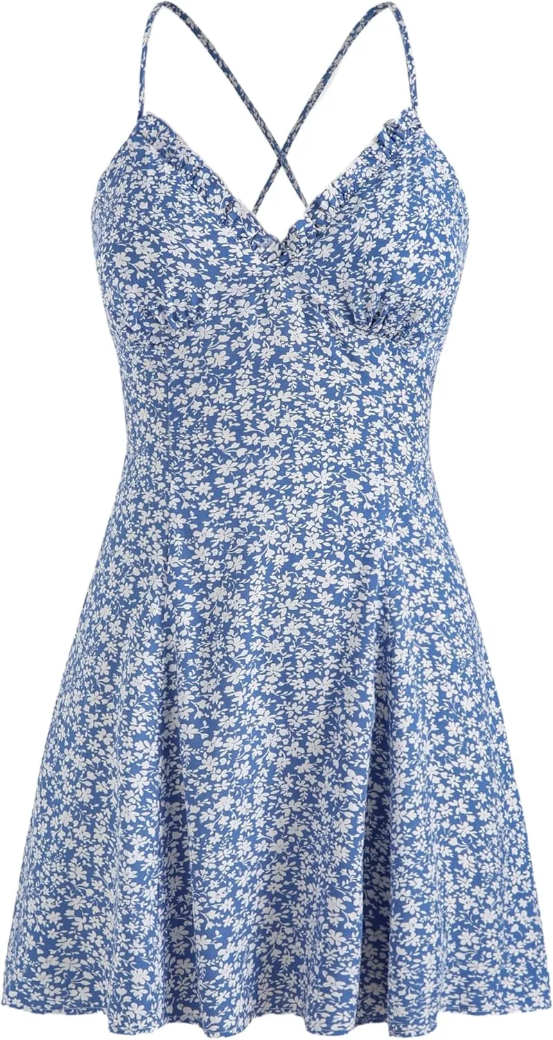 CIDER Womens Mini Dress Backless Floral V Neck Tie Back Summer Beach Vacation Sundress Going Out Dresses