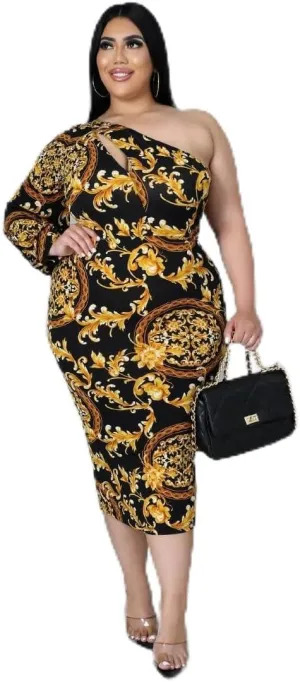 CM.Yaya Plus Size Women Paisley One Shoulder One Long Sleeve Bodycon Midi Dress Elegant 2022 New Pencil Dresses