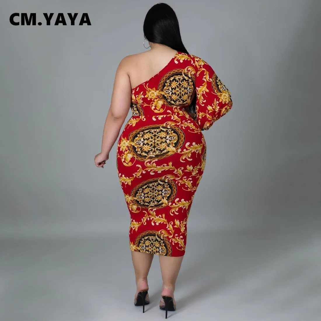 CM.Yaya Plus Size Women Paisley One Shoulder One Long Sleeve Bodycon Midi Dress Elegant 2022 New Pencil Dresses