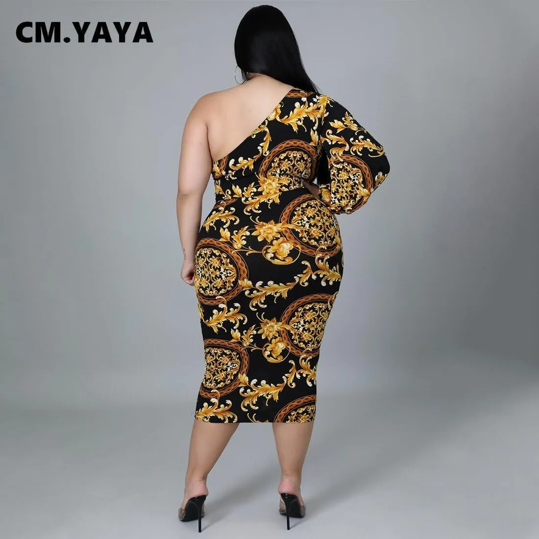 CM.Yaya Plus Size Women Paisley One Shoulder One Long Sleeve Bodycon Midi Dress Elegant 2022 New Pencil Dresses