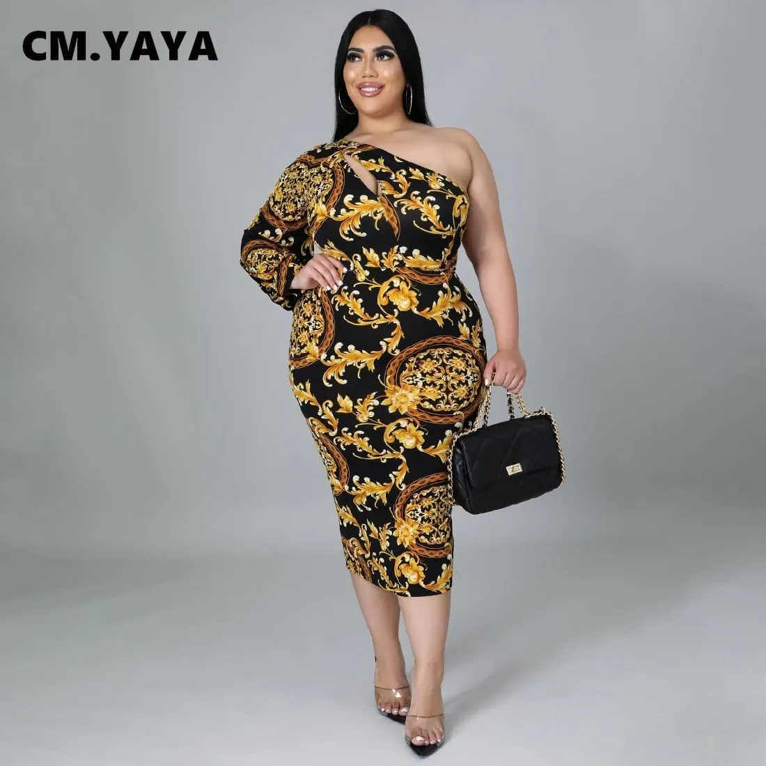 CM.Yaya Plus Size Women Paisley One Shoulder One Long Sleeve Bodycon Midi Dress Elegant 2022 New Pencil Dresses