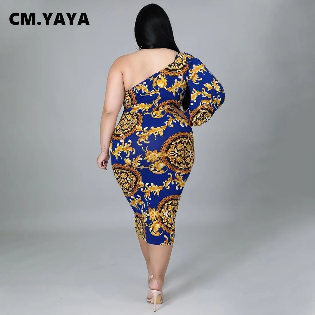 CM.Yaya Plus Size Women Paisley One Shoulder One Long Sleeve Bodycon Midi Dress Elegant 2022 New Pencil Dresses