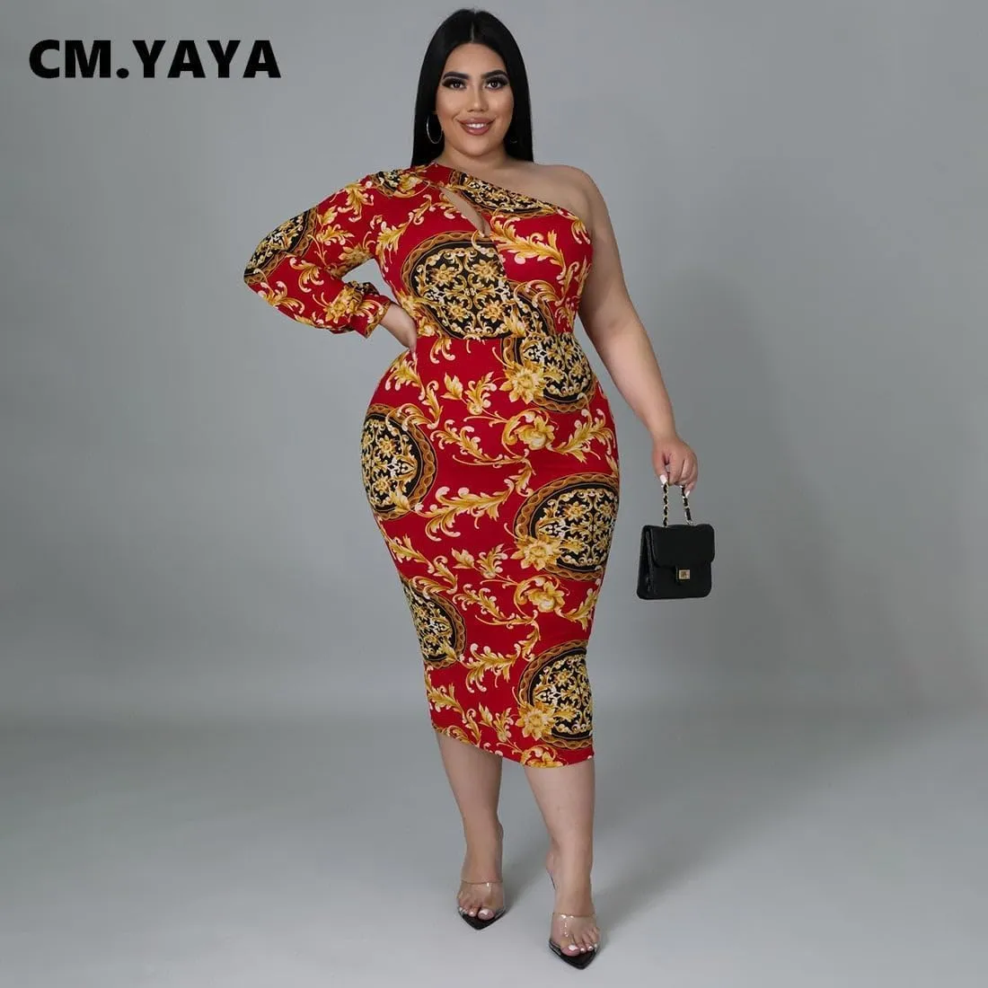 CM.Yaya Plus Size Women Paisley One Shoulder One Long Sleeve Bodycon Midi Dress Elegant 2022 New Pencil Dresses