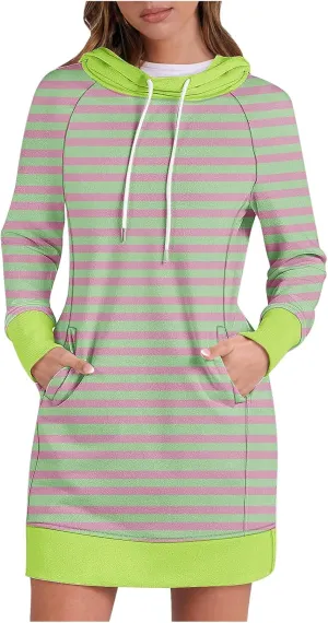 Colorful Striped Hoodie Dress for Women Fleece Lined Long Sleeve Casual Winter Contrast Sweatshirt Dress Resort