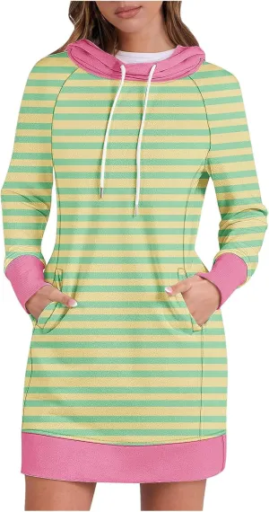 Colorful Striped Hoodie Dress for Women Fleece Lined Long Sleeve Casual Winter Contrast Sweatshirt Dress Resort