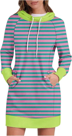 Colorful Striped Hoodie Dress for Women Fleece Lined Long Sleeve Casual Winter Contrast Sweatshirt Dress Resort