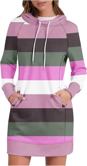 Colorful Striped Hoodie Dress for Women Fleece Lined Long Sleeve Casual Winter Contrast Sweatshirt Dress Resort