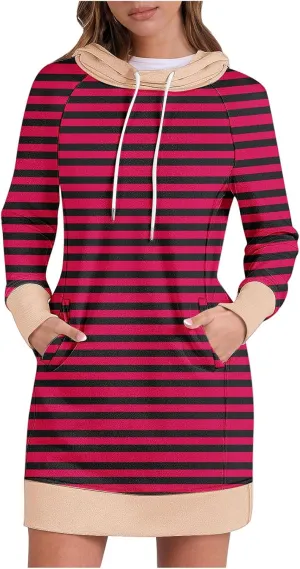 Colorful Striped Hoodie Dress for Women Fleece Lined Long Sleeve Casual Winter Contrast Sweatshirt Dress Resort