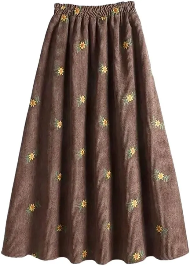 Corduroy Floral Embroidery Women's High Waist Slim Midi Skirt