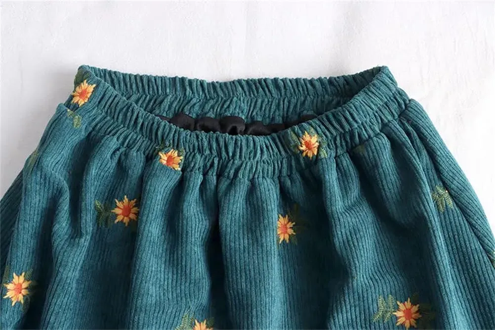 Corduroy Floral Embroidery Women's High Waist Slim Midi Skirt