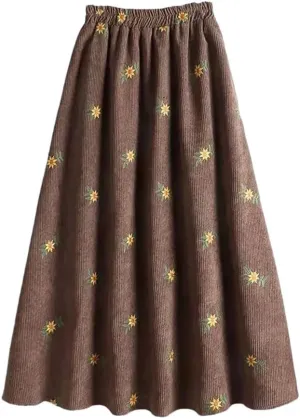 Corduroy Floral Embroidery Women's High Waist Slim Midi Skirt