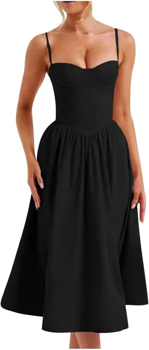 Corset Dress for Women Formal Midi Cocktail Sexy Club Spaghetti Strap Dress Slim Fit Ladies Tea Party Dresses