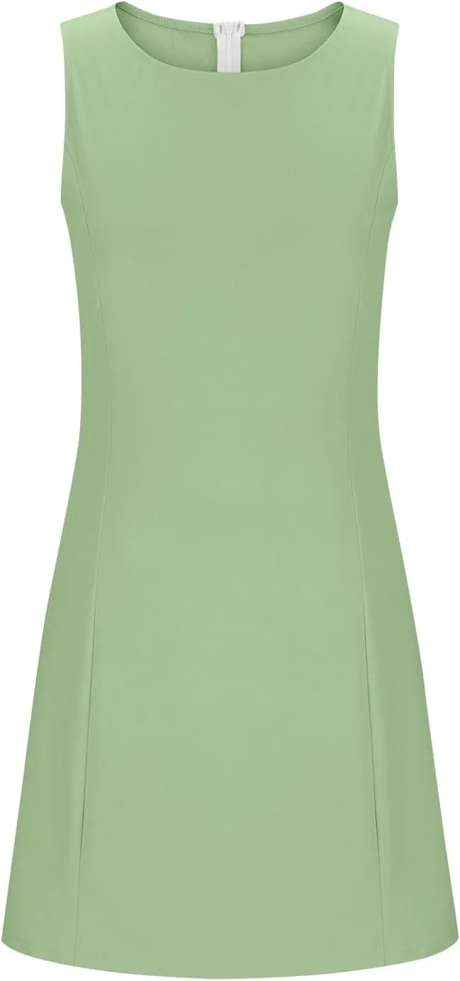 Crew Neck Dresses for Women's Summer Casual Solid Color Sleeveless - Flowy Loose Fit Mini Dress for Lounge